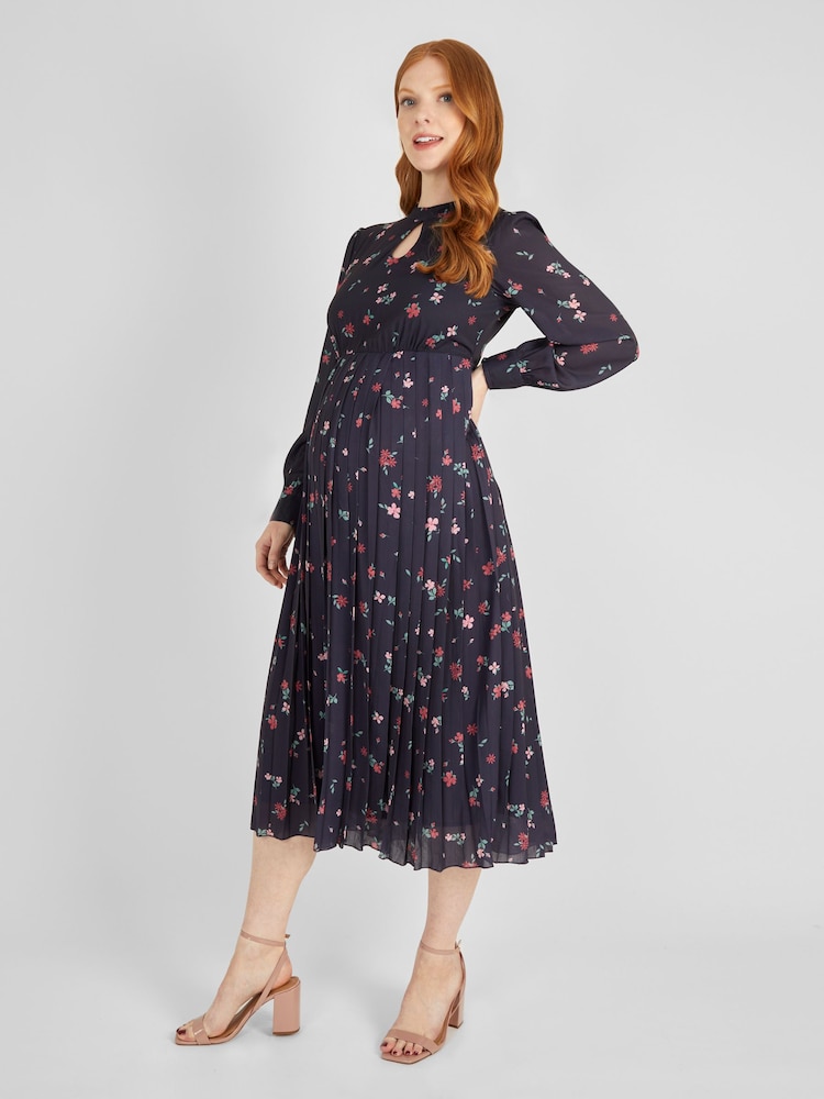 JoJo Maman Bébé Navy Floral Pleated Maternity Dress - Image 1 of 4