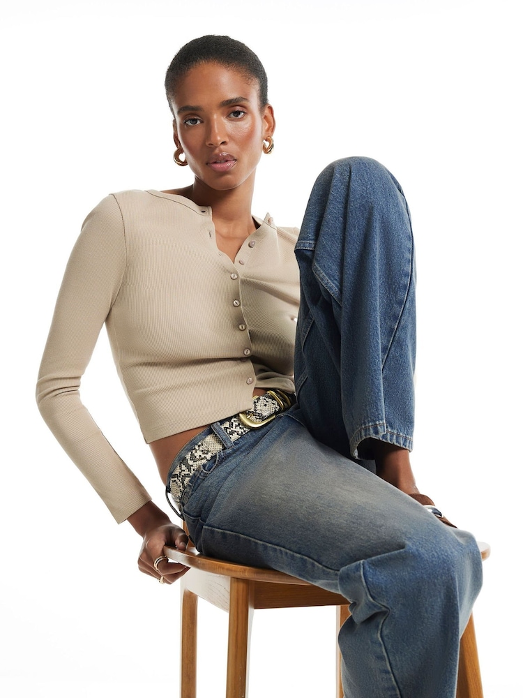River Island Natural Cotton Blend Ribbed Cardigan - Image 1 of 4
