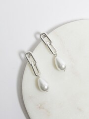 Mood Silver Chain Link Pearl Drop Earrings - Image 2 of 3