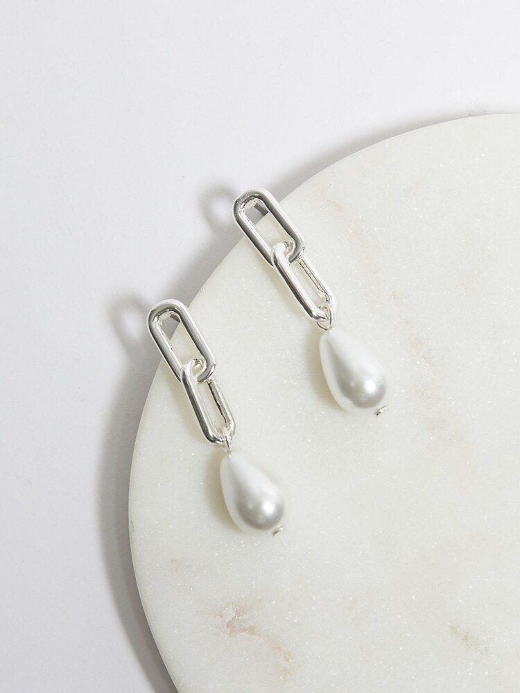 Mood Silver Chain Link Pearl Drop Earrings - Image 2 of 3