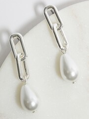 Mood Silver Chain Link Pearl Drop Earrings - Image 3 of 3