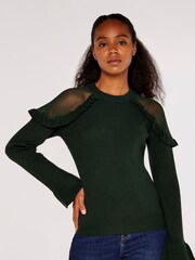 Apricot Dark Green Mesh & Ruffle Shoulder Jumpers - Image 1 of 4