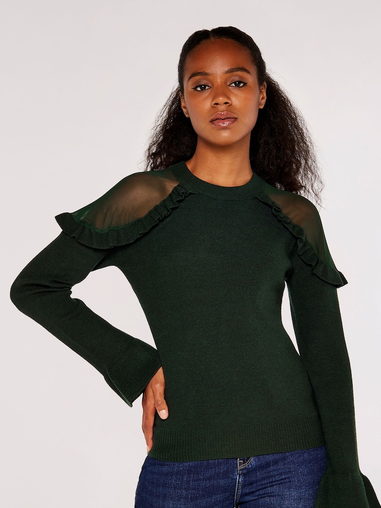 Apricot Dark Green Mesh & Ruffle Shoulder Jumpers - Image 1 of 4