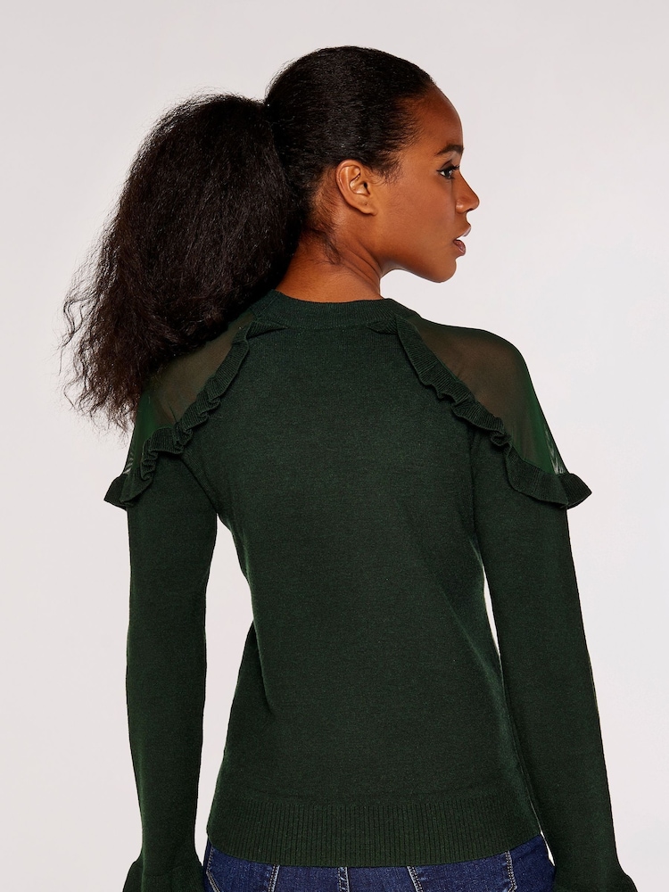 Apricot Dark Green Mesh & Ruffle Shoulder Jumpers - Image 2 of 4
