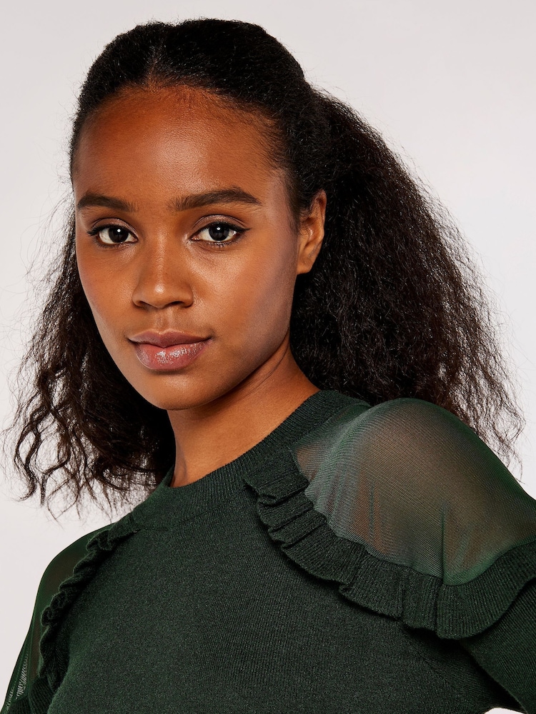 Apricot Dark Green Mesh & Ruffle Shoulder Jumpers - Image 4 of 4 Apricot Dark Green Mesh & Ruffle Shoulder Jumpers - Image 4 of 4
