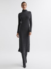 Reiss Charcoal Cady Knitted Roll Neck Midi Dress - Image 1 of 6