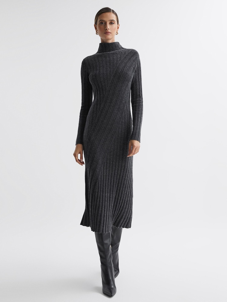 Reiss Charcoal Cady Knitted Roll Neck Midi Dress - Image 1 of 6