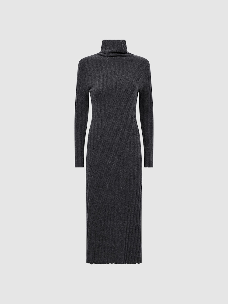 Reiss Charcoal Cady Knitted Roll Neck Midi Dress - Image 2 of 6