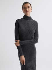 Reiss Charcoal Cady Knitted Roll Neck Midi Dress - Image 3 of 6