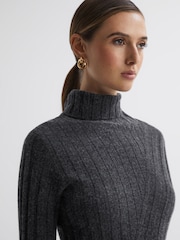 Reiss Charcoal Cady Knitted Roll Neck Midi Dress - Image 4 of 6