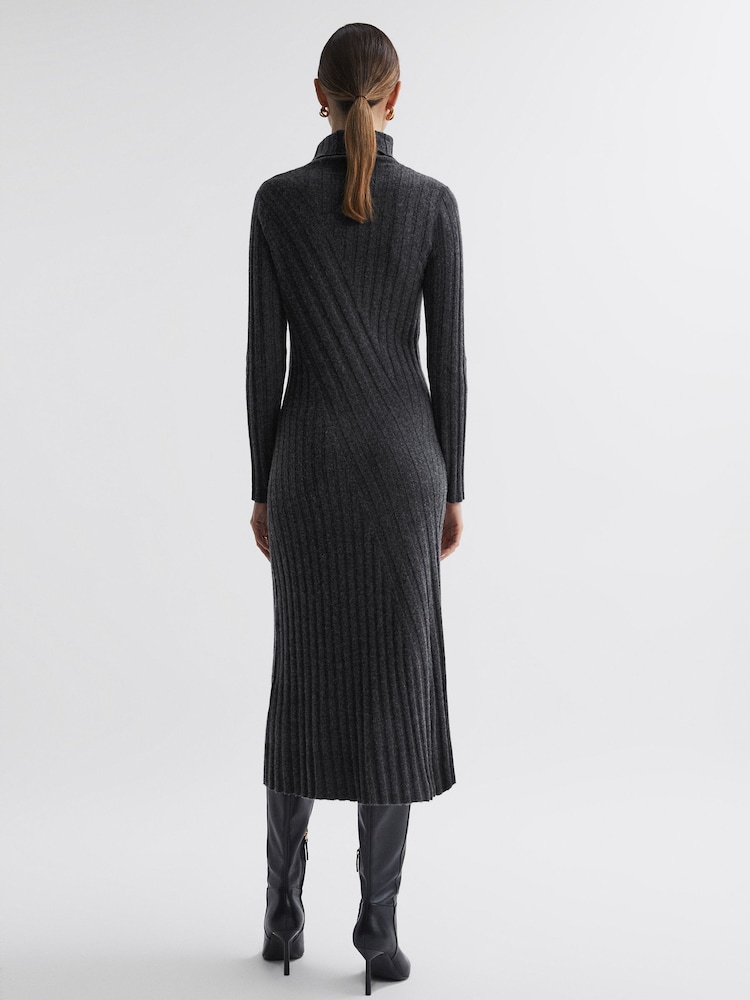 Reiss Charcoal Cady Knitted Roll Neck Midi Dress - Image 6 of 6