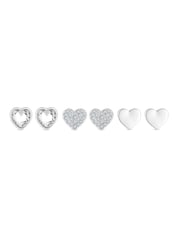 Mood Silver Polished And Crystal Heart Stud Earrings Pack of 3 - Image 1 of 2