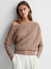 Reiss Camel Lorna Asymmetric Drape Knitted Top - Image 1 of 4