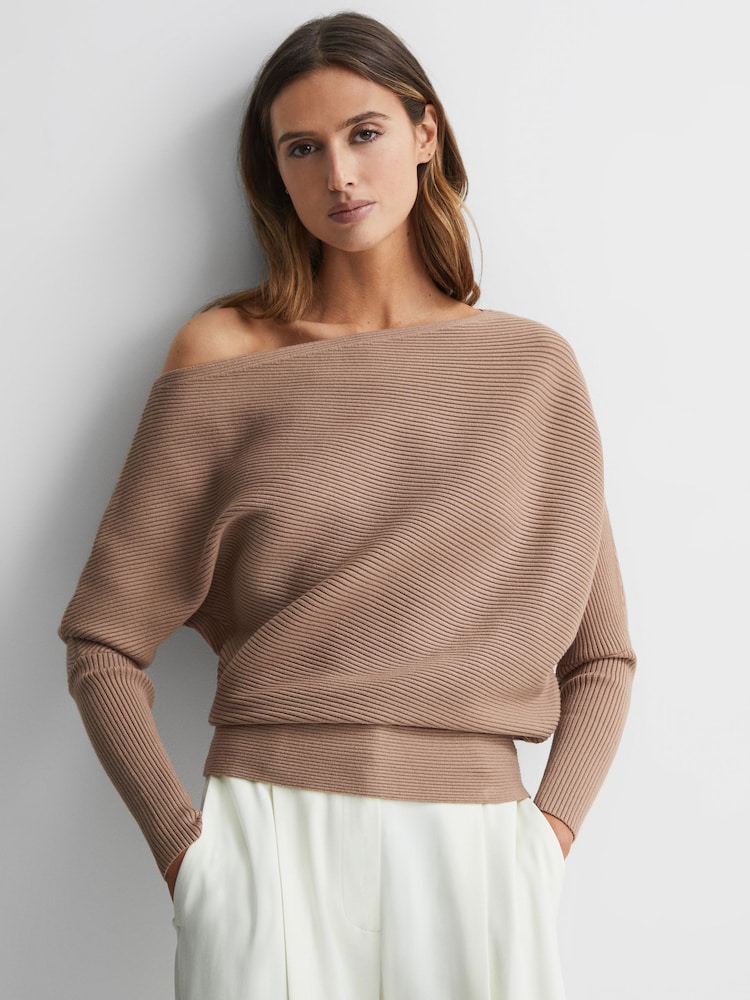 Reiss Camel Lorna Asymmetric Drape Knitted Top - Image 1 of 4