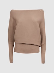 Reiss Camel Lorna Asymmetric Drape Knitted Top - Image 2 of 4