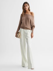Reiss Camel Lorna Asymmetric Drape Knitted Top - Image 3 of 4