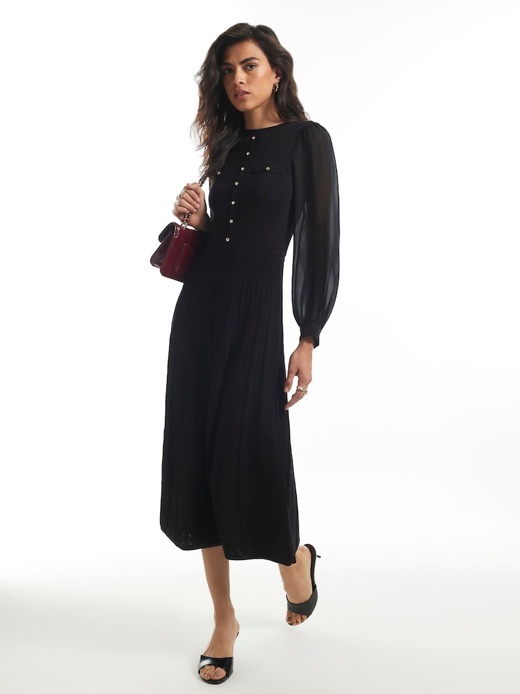 River Island Black Long Sleeve Chiffon Pointelle Dress - Image 1 of 4