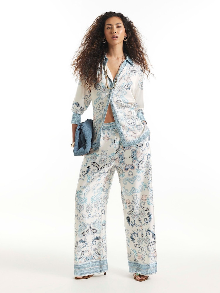 River Island Blue Satin Oversized Paisley Print Long Sleeve Shirt - Image 1 of 4