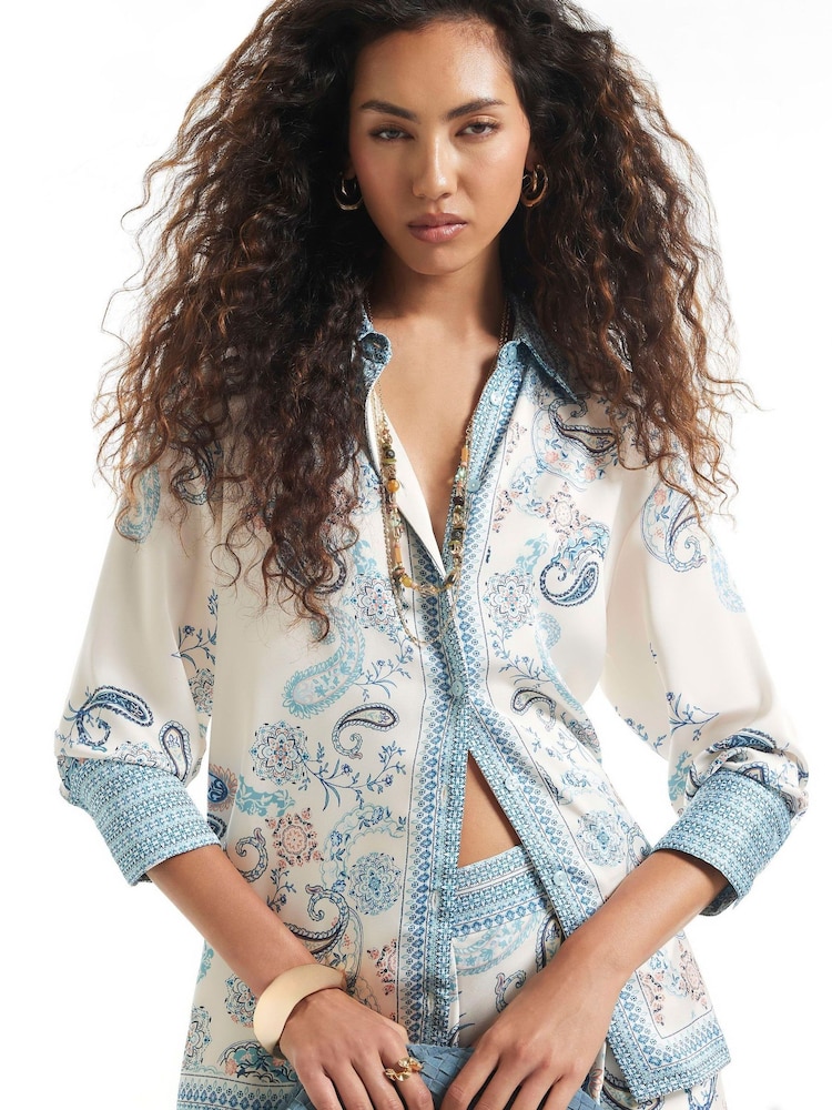 River Island Blue Satin Oversized Paisley Print Long Sleeve Shirt - Image 4 of 4