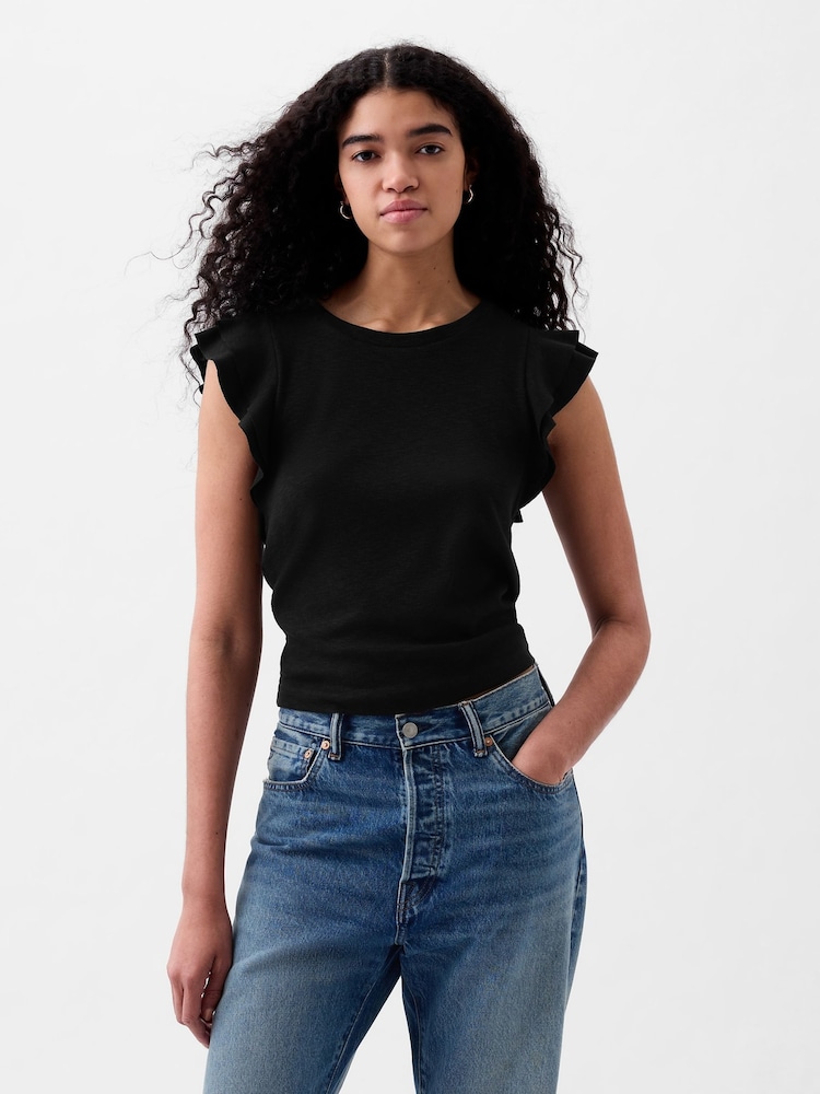 Gap Black Essential Ribbed Flutter Sleeve Crew Neck T-Shirt - Image 1 of 1 Gap Black Essential Ribbed Flutter Sleeve Crew Neck T-Shirt - Image 1 of 1