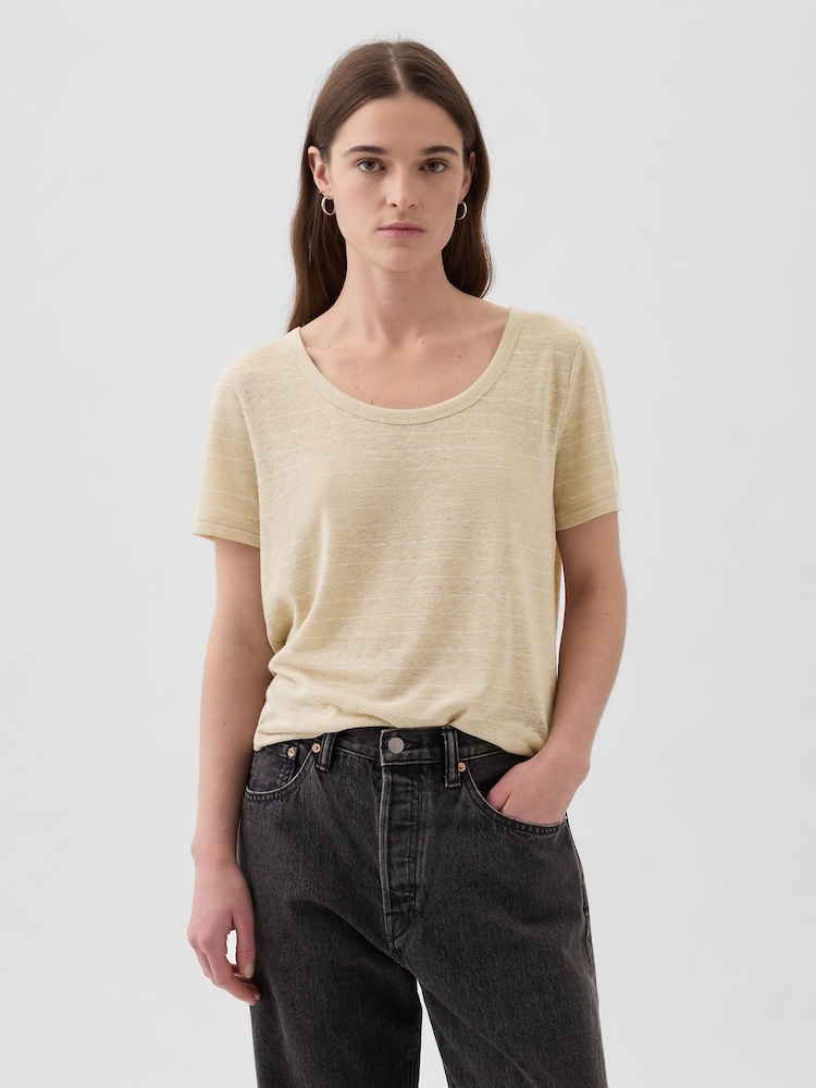 Gap Neutral Linen Blend Short Sleeve Scoop Neck T-Shirt - Image 1 of 3 Gap Neutral Linen Blend Short Sleeve Scoop Neck T-Shirt - Image 1 of 3