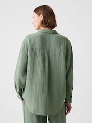 Gap Green Crinkle Cotton Long Sleeve Oversized Shirt - Image 2 of 3