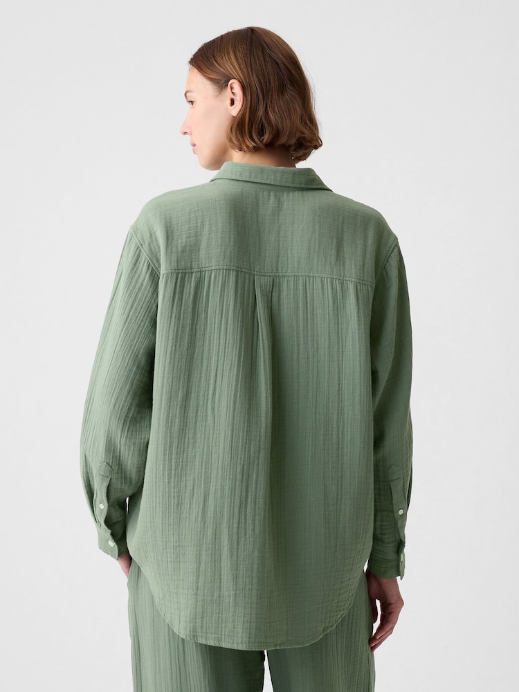 Gap Green Crinkle Cotton Long Sleeve Oversized Shirt - Image 2 of 3