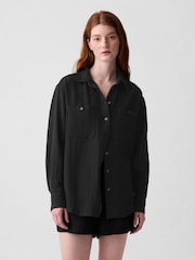 Gap Black Crinkle Cotton Long Sleeve Oversized Shirt - Image 1 of 3