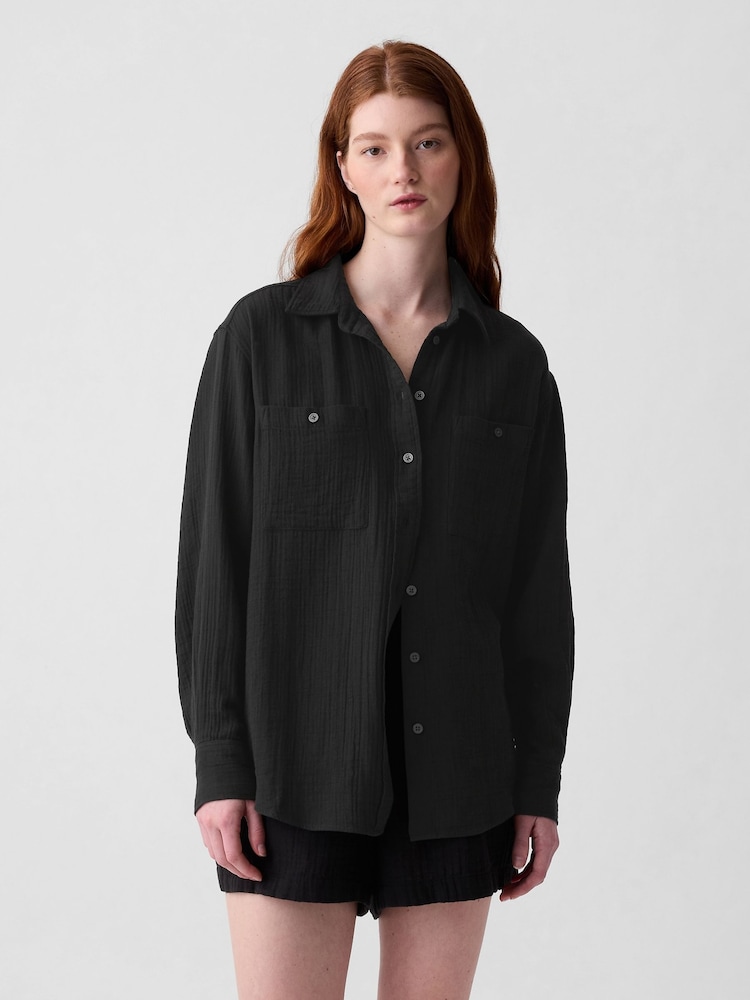 Gap Black Crinkle Cotton Long Sleeve Oversized Shirt - Image 1 of 3