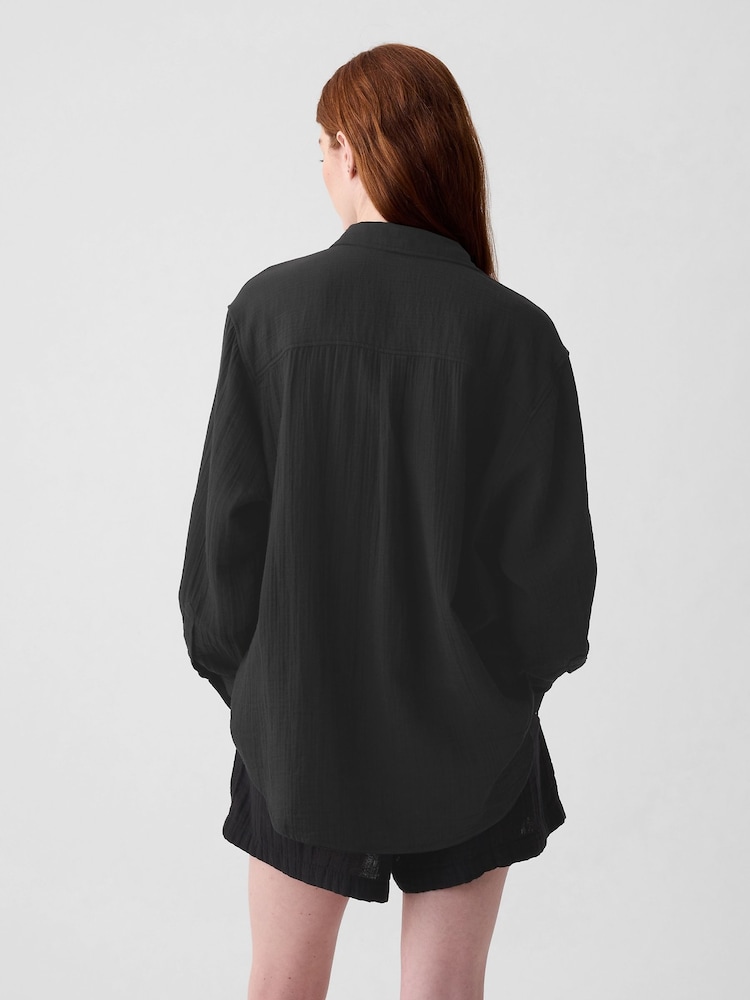 Gap Black Crinkle Cotton Long Sleeve Oversized Shirt - Image 2 of 3