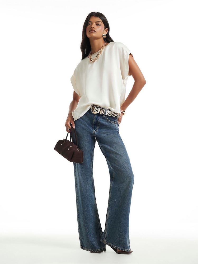 River Island Cream Satin Turn Back Cuff T-Shirt - Image 2 of 4
