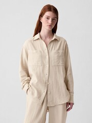 Gap Beige Crinkle Cotton Long Sleeve Oversized Shirt - Image 1 of 3