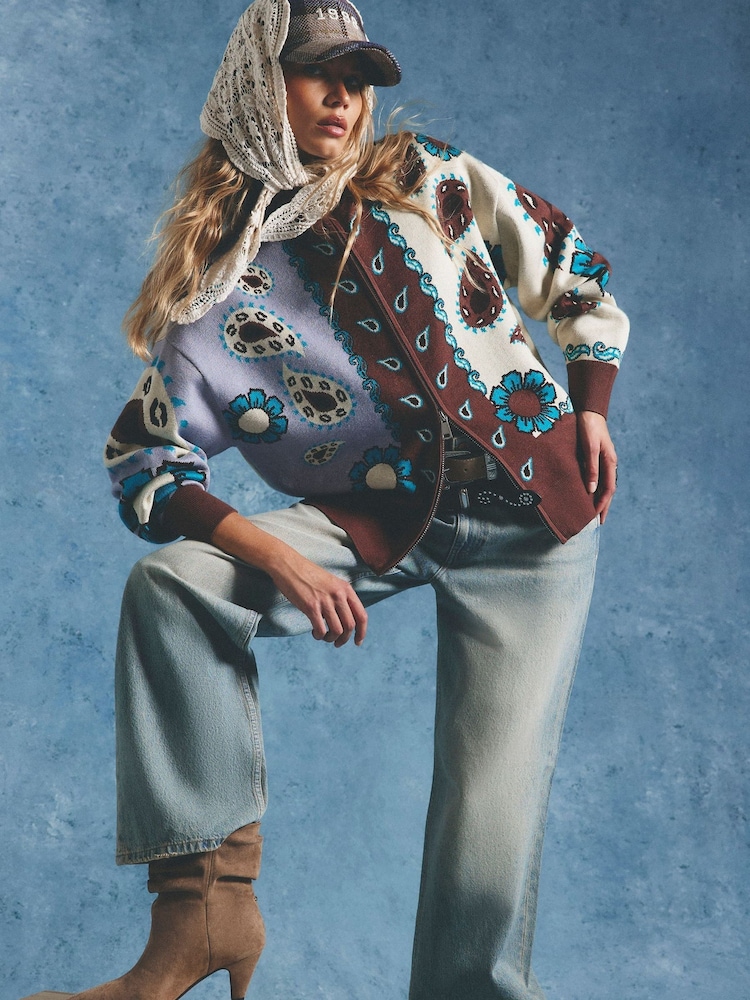 River Island Blue Paisley Zip Through Cardigan - Image 2 of 4 River Island Blue Paisley Zip Through Cardigan - Image 2 of 4