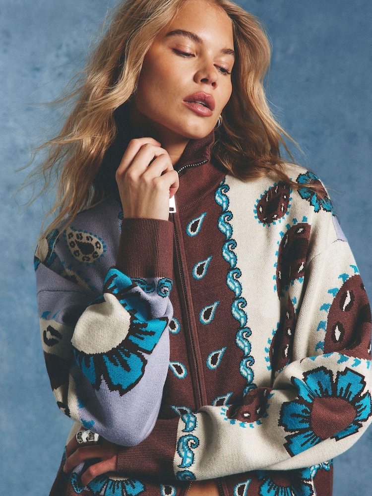 River Island Blue Paisley Zip Through Cardigan - Image 4 of 4 River Island Blue Paisley Zip Through Cardigan - Image 4 of 4