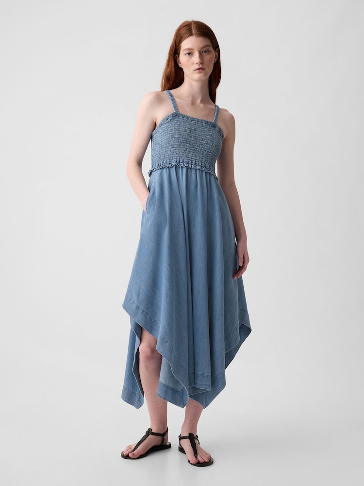 Gap Blue Smocked Handkerchief Hem Midi Dress - Image 1 of 3
