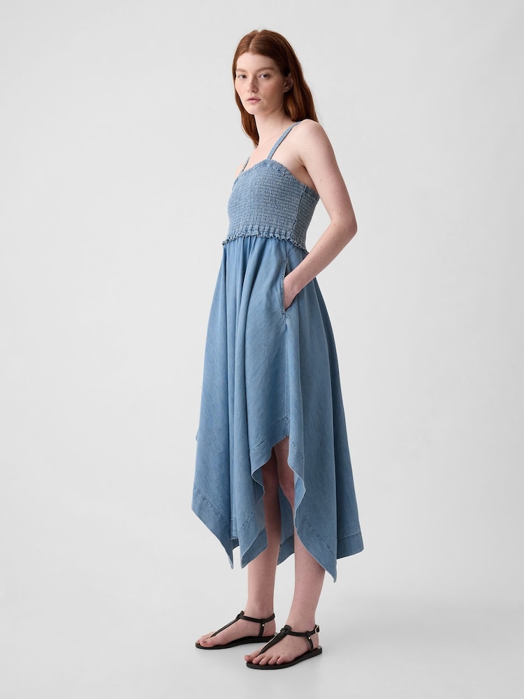 Gap Blue Smocked Handkerchief Hem Midi Dress - Image 3 of 3