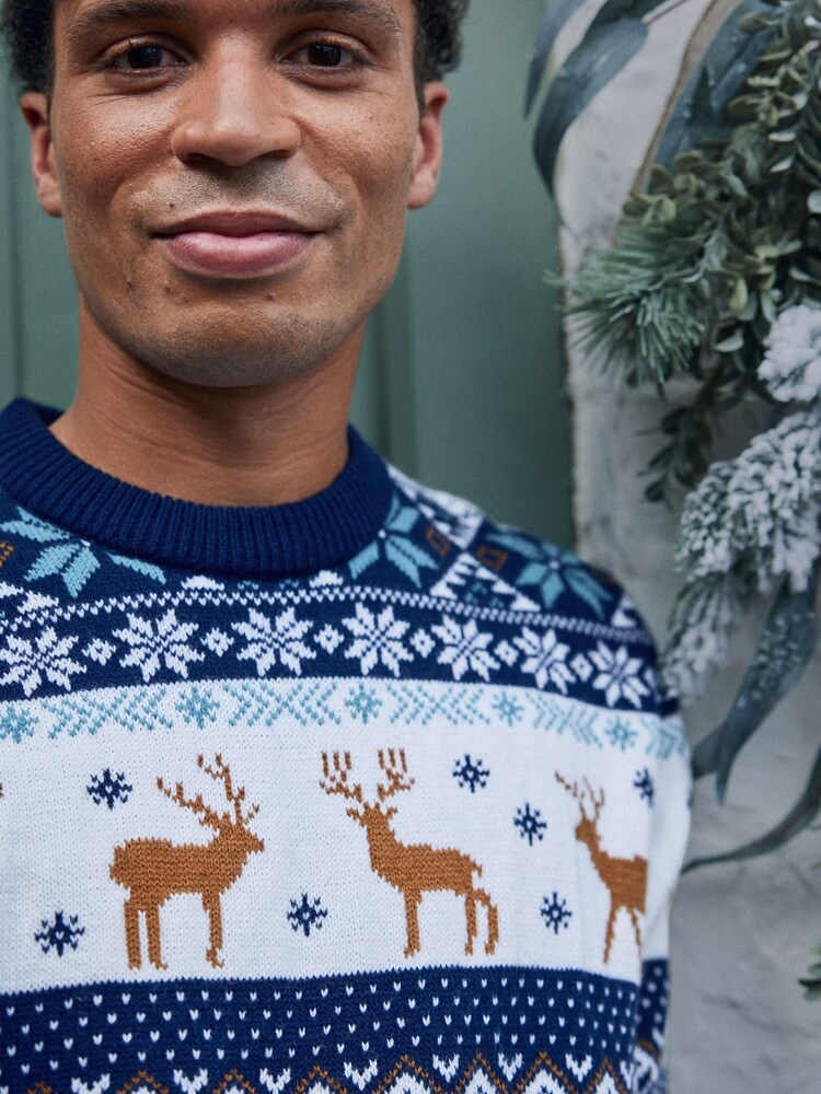 Navy Blue Regular Stag Wrap Mens Knitted Christmas Jumper - Image 3 of 6