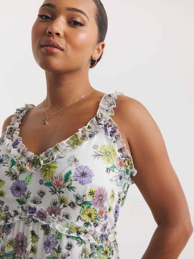 Simply Be Floral Frill Tiered Maxi Cami White Dress - Image 4 of 4