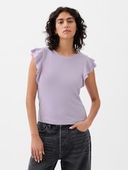 Gap Purple Essential Ribbed Flutter Sleeve Crew Neck T-Shirt - Image 1 of 2