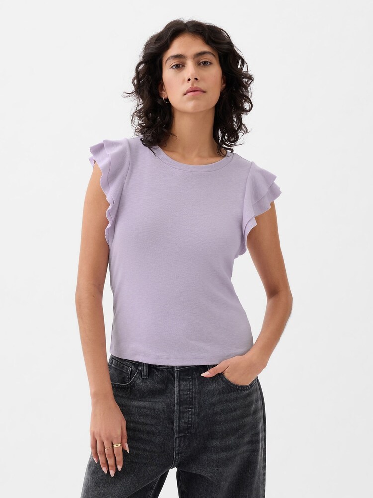 Gap Purple Essential Ribbed Flutter Sleeve Crew Neck T-Shirt - Image 1 of 2 Gap Purple Essential Ribbed Flutter Sleeve Crew Neck T-Shirt - Image 1 of 2
