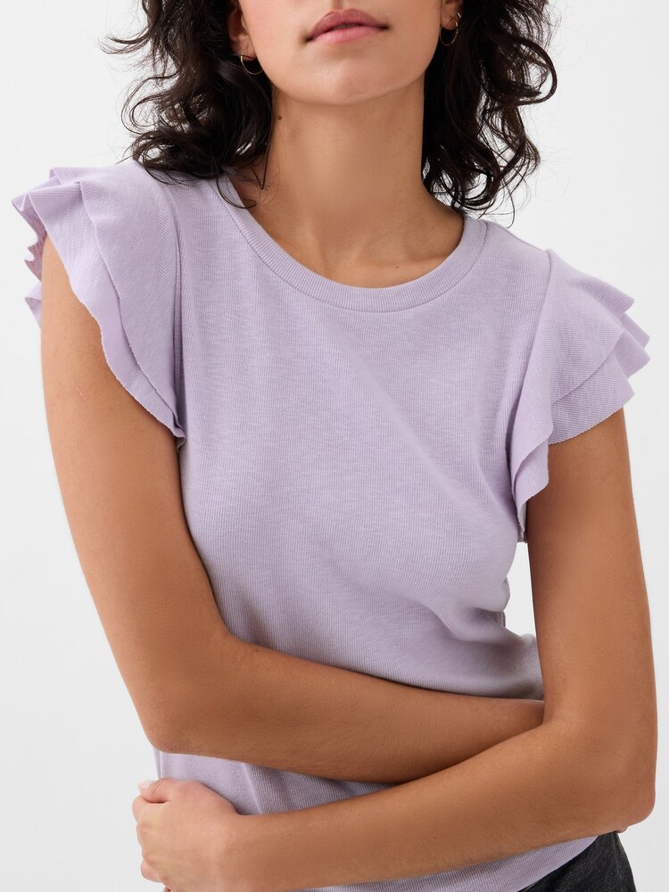 Gap Purple Essential Ribbed Flutter Sleeve Crew Neck T-Shirt - Image 2 of 2 Gap Purple Essential Ribbed Flutter Sleeve Crew Neck T-Shirt - Image 2 of 2