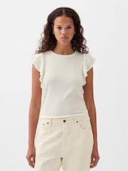 Gap White Essential Ribbed Flutter Sleeve Crew Neck T-Shirt - Image 1 of 1