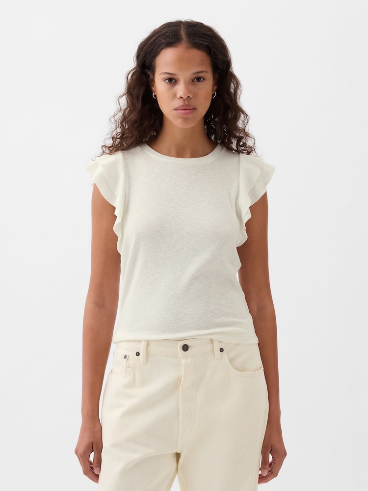 Gap White Essential Ribbed Flutter Sleeve Crew Neck T-Shirt - Image 1 of 1