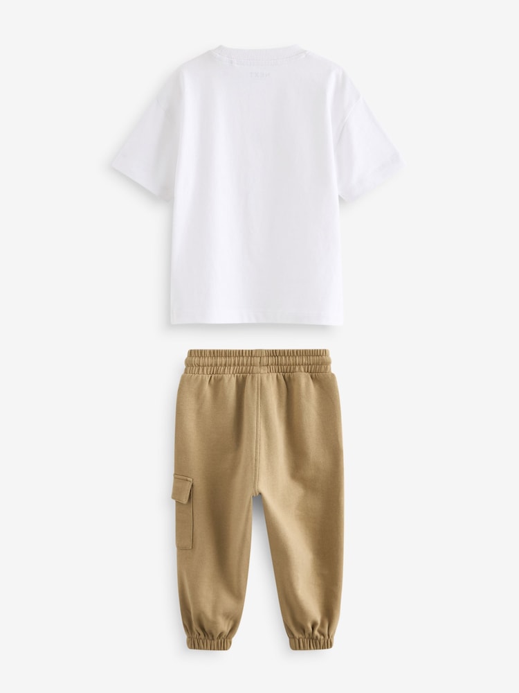 White/Tan Short Sleeve 100% Cotton T-Shirt and Utility Joggers Set (3mths-7yrs) - Image 8 of 10