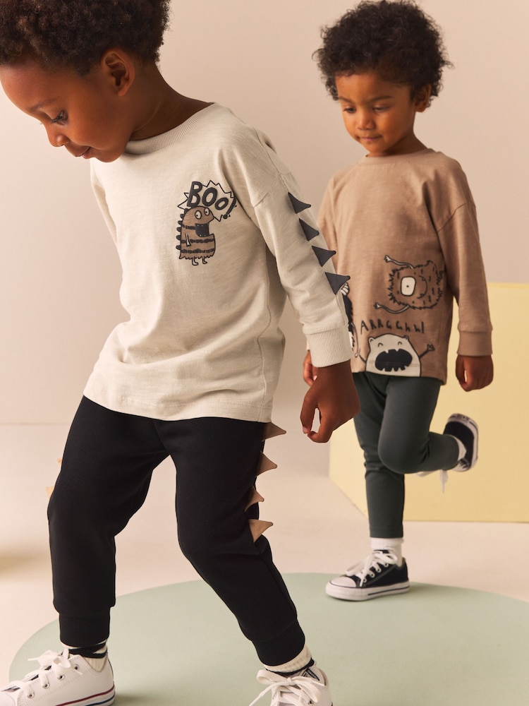 Tan Brown Monsters 2 Pack Long Sleeve T-Shirt And Joggers Set (3mths-7yrs) - Image 2 of 13