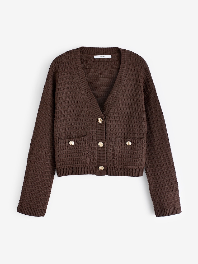 Chocolate Brown Gold Button Pocket Detail Cardigan - Image 5 of 6