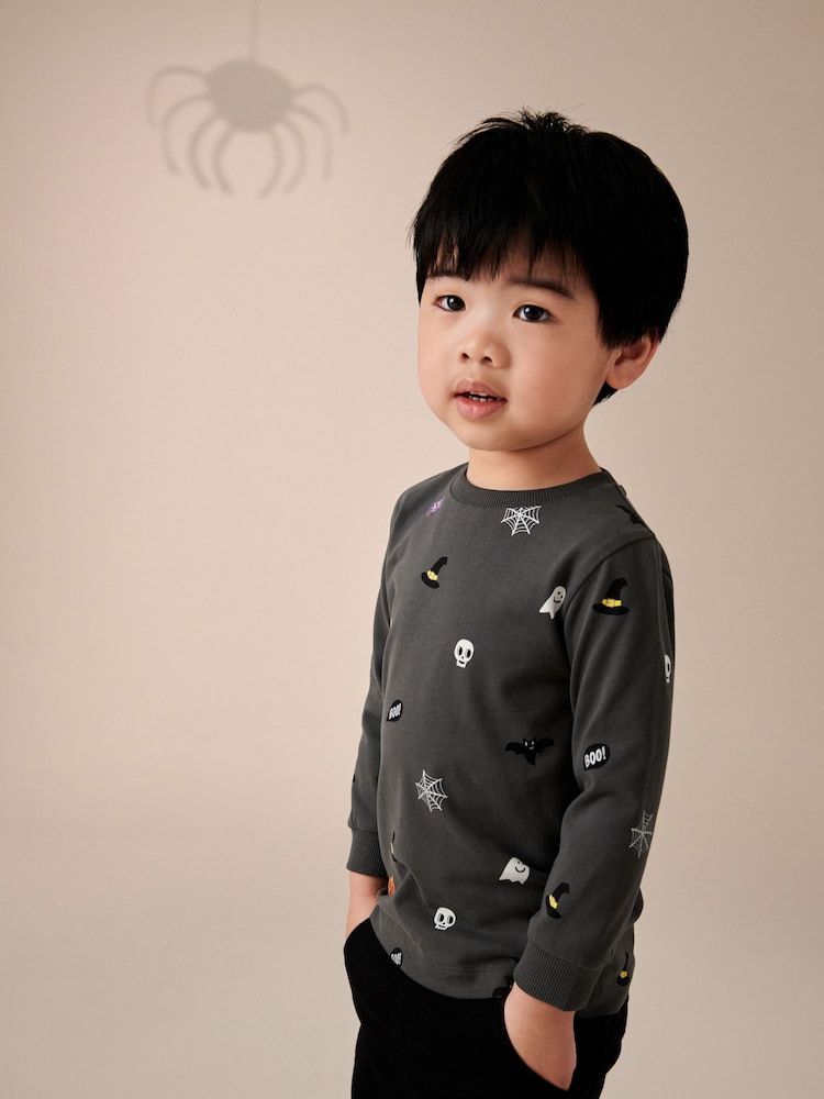 Charcoal Grey Halloween 100% Cotton Long Sleeve T-Shirt (3mths-7yrs) - Image 1 of 4