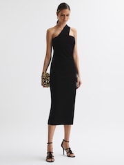 Reiss Black Abbey Velvet One-Shoulder Midi Dress - Image 1 of 4