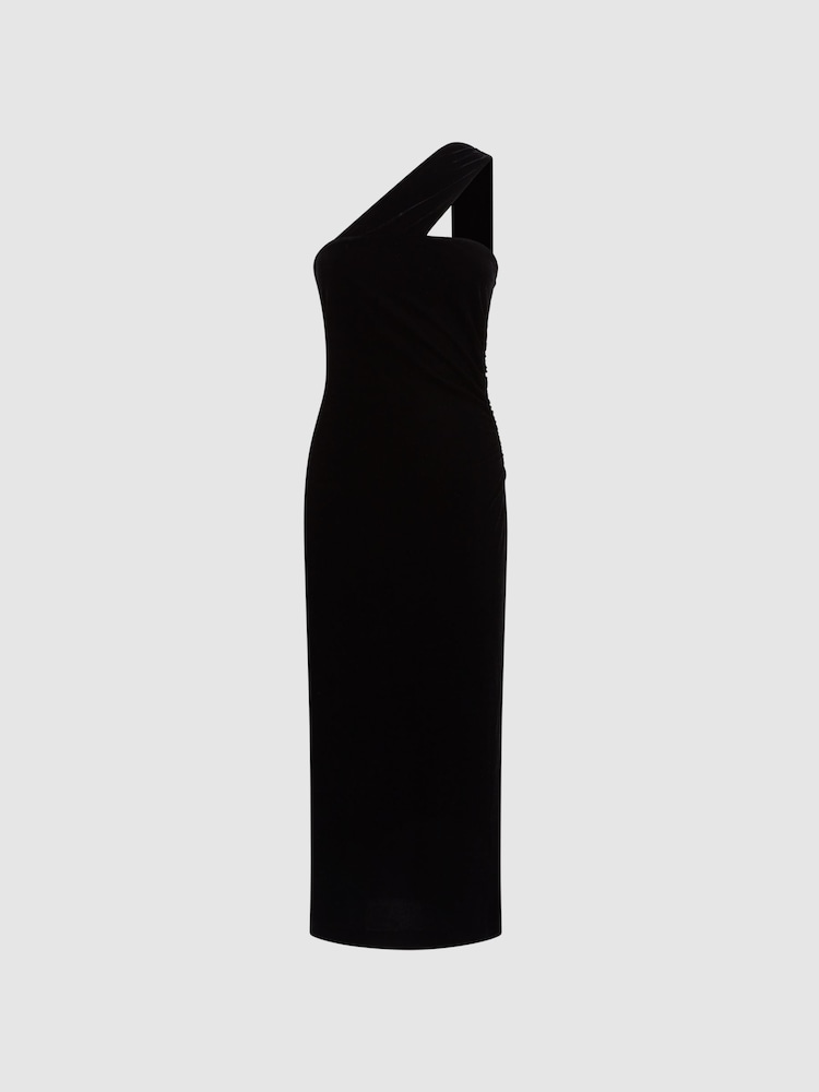 Reiss Black Abbey Velvet One-Shoulder Midi Dress - Image 2 of 4