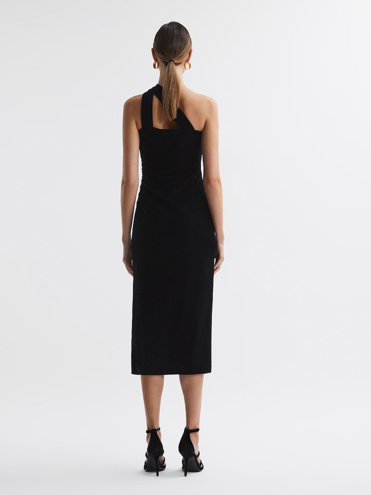 Reiss Black Abbey Velvet One-Shoulder Midi Dress - Image 4 of 4